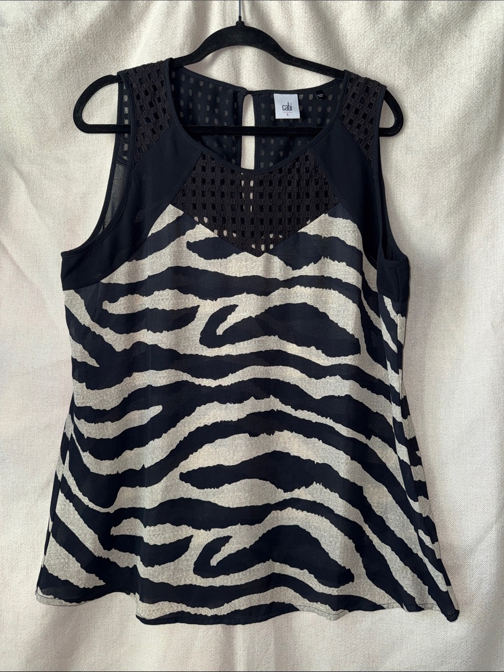 CAbi Black and Cream Zebra-Print Sleeveless Tank with Mesh Yoke. Sz L